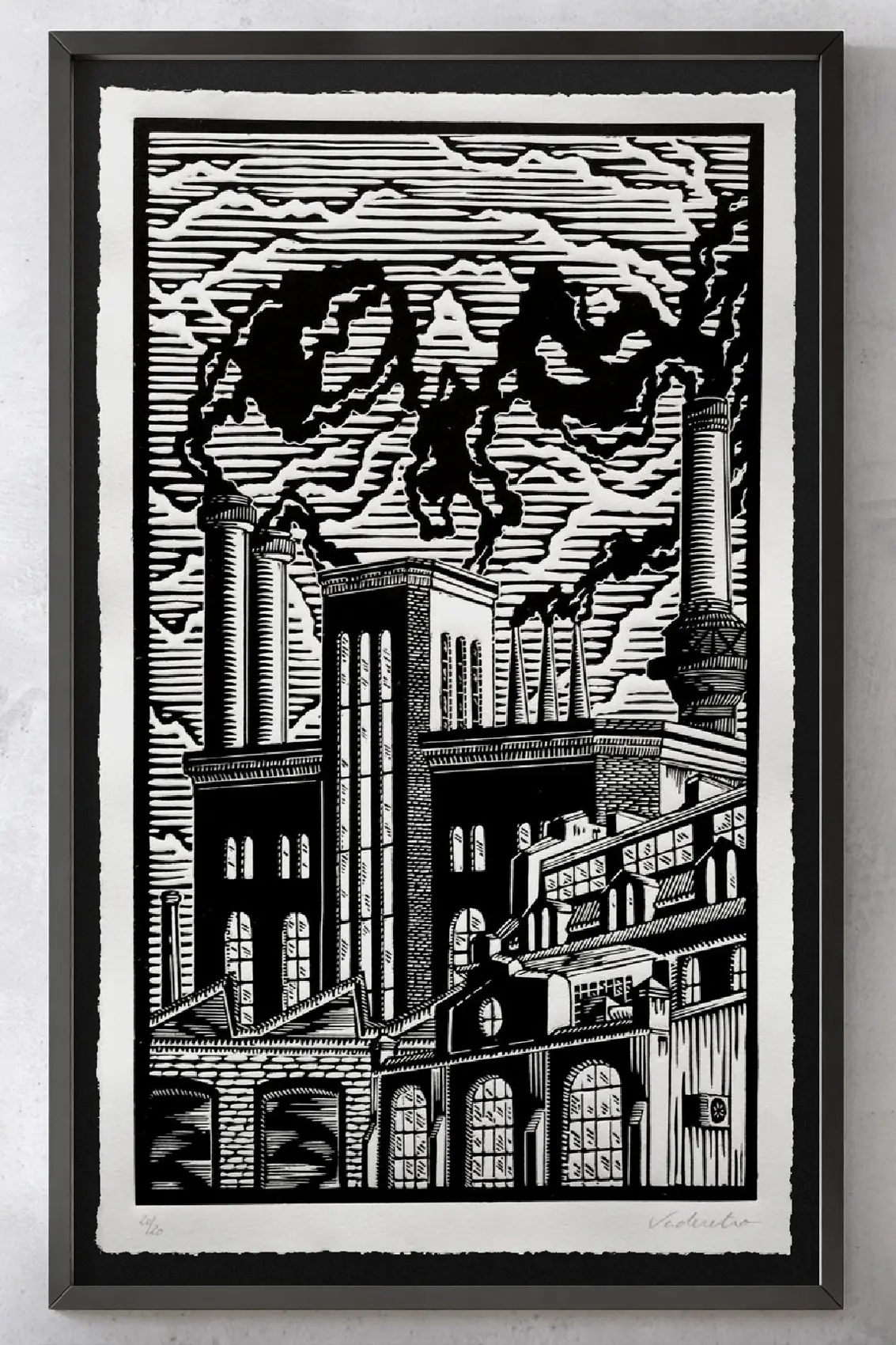 Death at the factory linocut