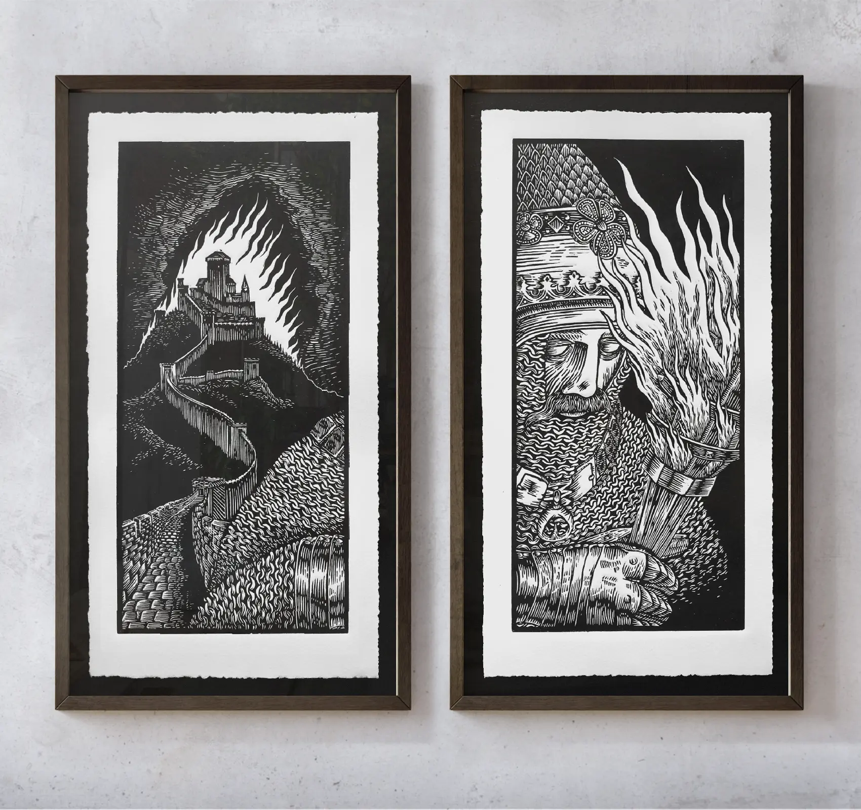 Good Old Times linocut diptych
